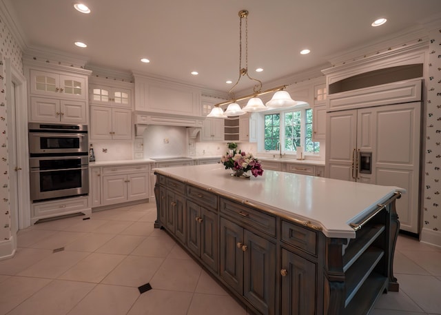 2528 Onandaga Dr, Upper Arlington, OH 43221 - kitchen featuring open shelves, white cabinets, double oven, light countertops, and recessed lighting