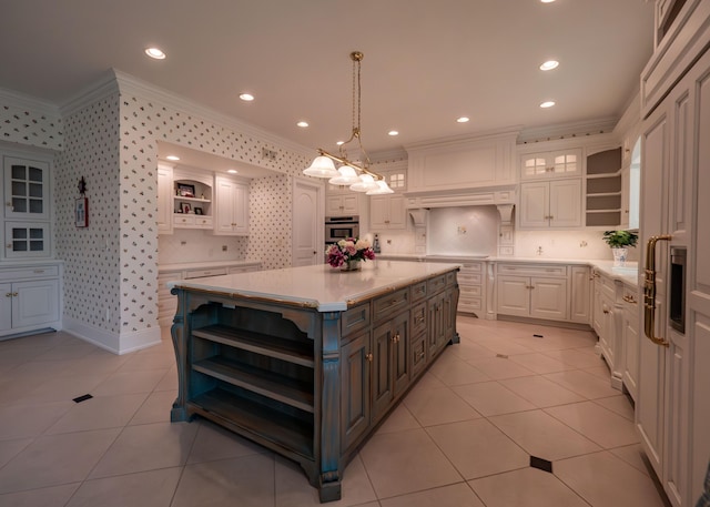2528 Onandaga Dr, Upper Arlington, OH 43221 - kitchen featuring open shelves, ornamental molding, white cabinetry, oven, and wallpapered walls