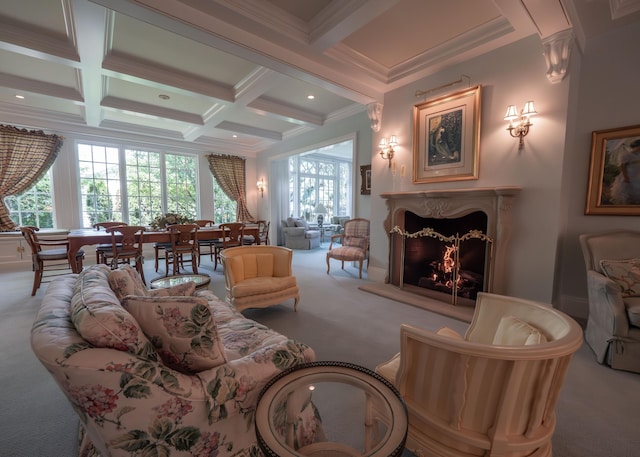 2528 Onandaga Dr, Upper Arlington, OH 43221 - carpeted living area with beam ceiling, coffered ceiling, a premium fireplace, crown molding, and recessed lighting