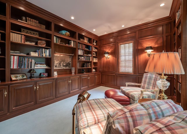 2528 Onandaga Dr, Upper Arlington, OH 43221 - living area with carpet flooring, recessed lighting, ornamental molding, built in features, and a decorative wall