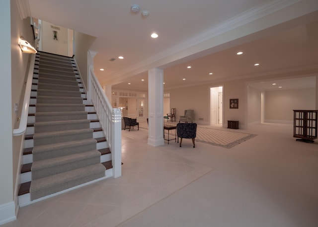 2528 Onandaga Dr, Upper Arlington, OH 43221 - stairway with ornamental molding, recessed lighting, decorative columns, tile patterned flooring, and baseboards