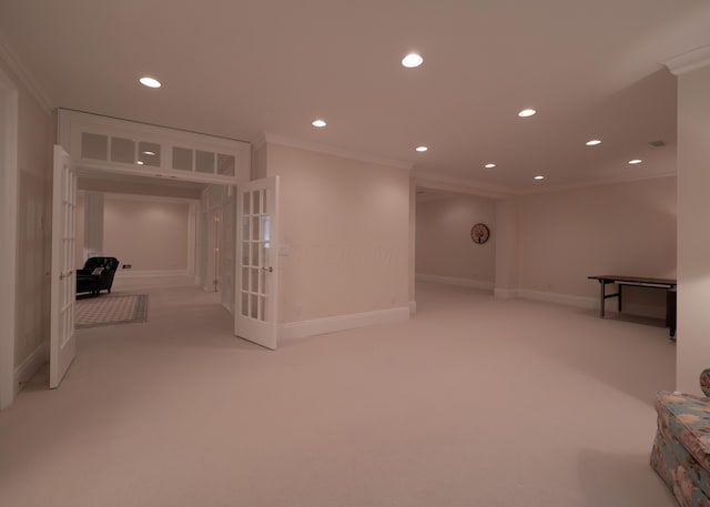 2528 Onandaga Dr, Upper Arlington, OH 43221 - basement featuring french doors, ornamental molding, carpet flooring, recessed lighting, and baseboards