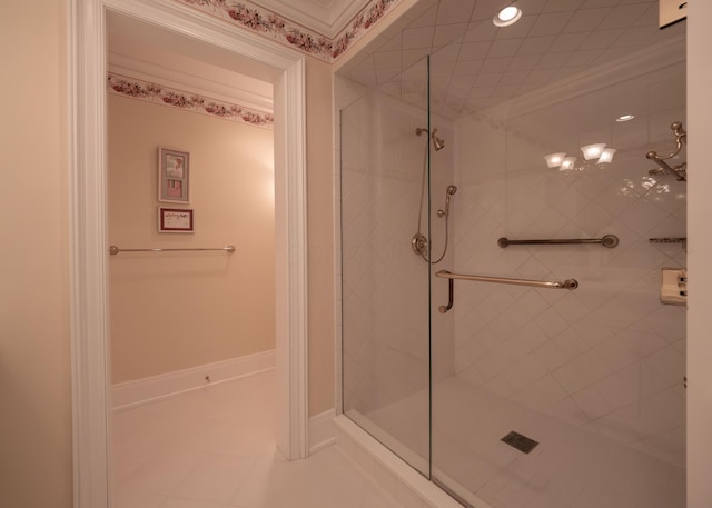 2528 Onandaga Dr, Upper Arlington, OH 43221 - bathroom featuring a shower stall, recessed lighting, crown molding, and tile patterned floors