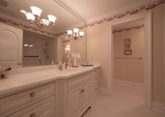 2528 Onandaga Dr, Upper Arlington, OH 43221 - full bathroom with a chandelier, vanity, a shower, and crown molding