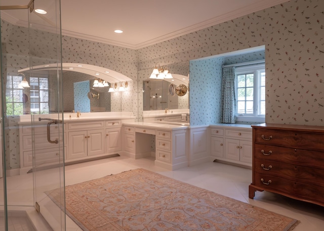 2528 Onandaga Dr, Upper Arlington, OH 43221 - bathroom with wallpapered walls, ornamental molding, tile patterned flooring, a shower stall, and vanity
