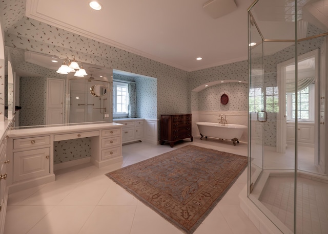 2528 Onandaga Dr, Upper Arlington, OH 43221 - bathroom with crown molding, wallpapered walls, a shower stall, a freestanding tub, and vanity