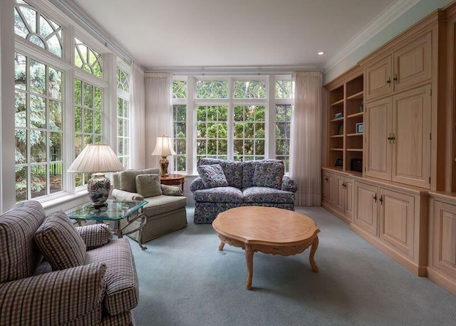 2528 Onandaga Dr, Upper Arlington, OH 43221 - living area with ornamental molding, plenty of natural light, and light carpet