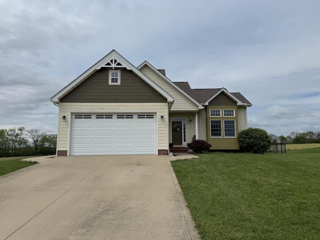 craftsman house featuring driveway, a front yard, and a garage