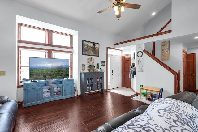 living area featuring high vaulted ceiling, recessed lighting, ceiling fan, and wood finished floors