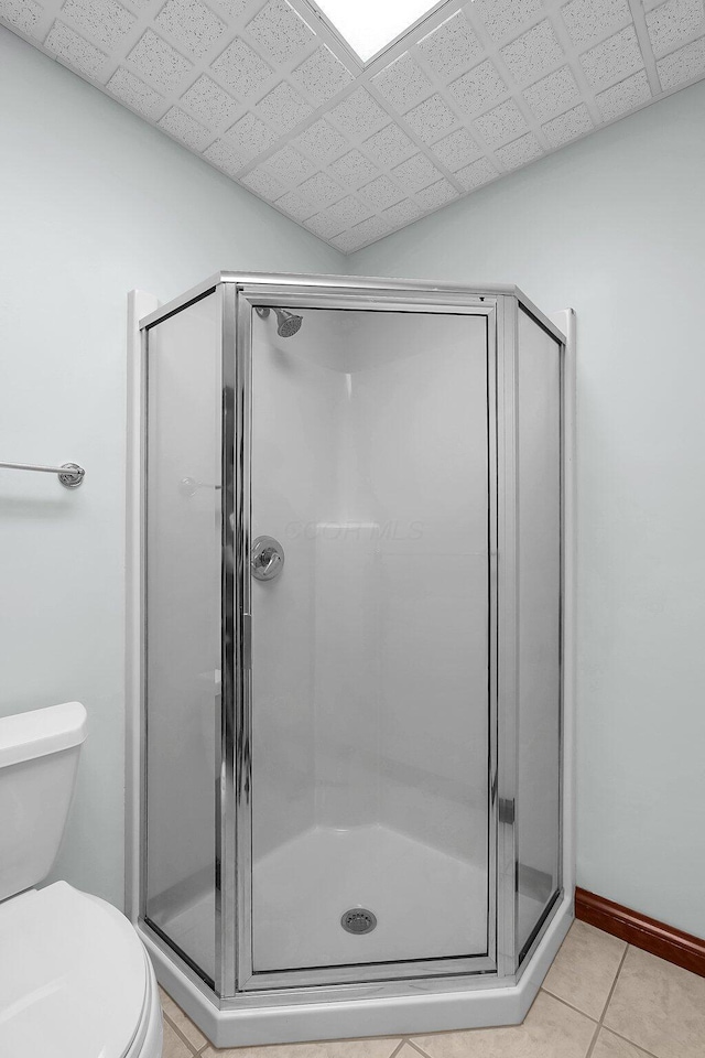 full bathroom featuring toilet, baseboards, tile patterned flooring, and a shower stall