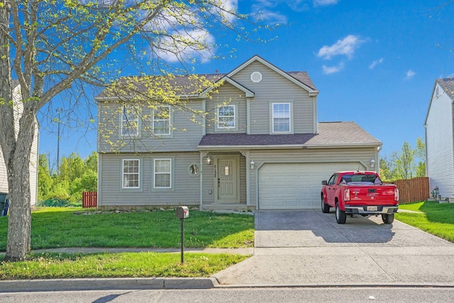 view of front of property with a garage, a front lawn, fence, and concrete driveway