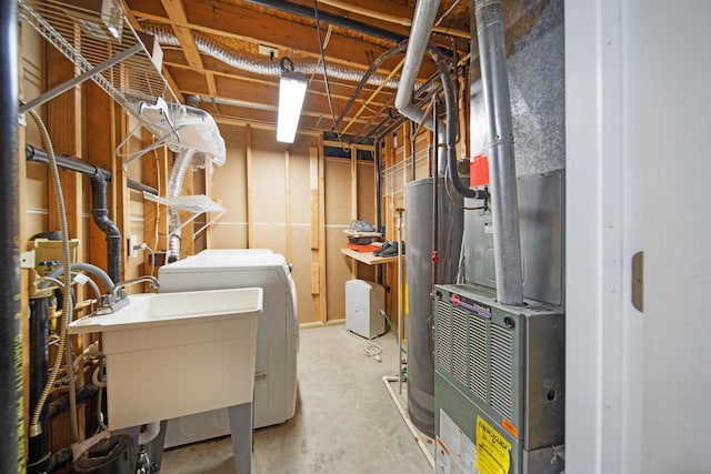 utility room featuring a sink, water heater, and washing machine and clothes dryer
