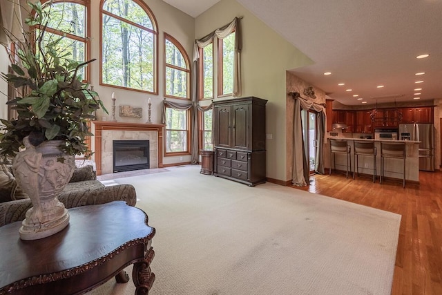 8884 Filiz Ln, Powell, OH 43065 - living area featuring a fireplace, light wood-style flooring, recessed lighting, and baseboards