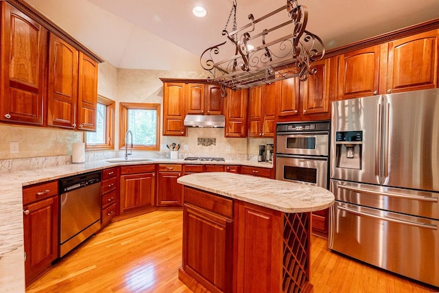 8884 Filiz Ln, Powell, OH 43065 - kitchen featuring appliances with stainless steel finishes, a sink, under cabinet range hood, lofted ceiling, and light wood-style floors