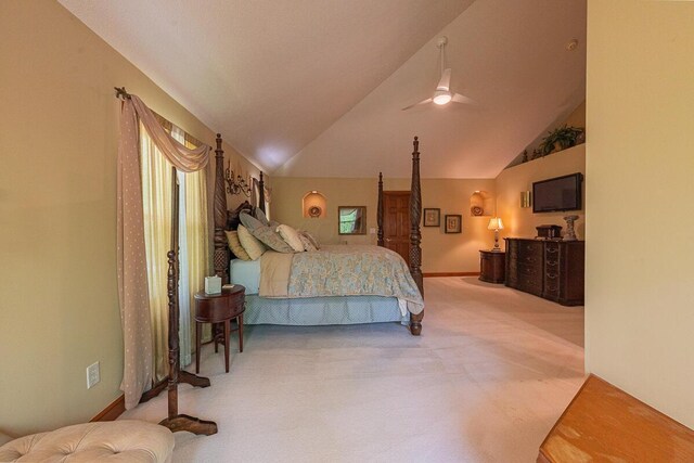 8884 Filiz Ln, Powell, OH 43065 - carpeted bedroom featuring baseboards, vaulted ceiling, and a ceiling fan