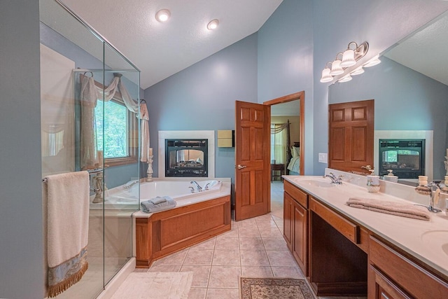8884 Filiz Ln, Powell, OH 43065 - bathroom with a multi sided fireplace, lofted ceiling, connected bathroom, and a shower stall