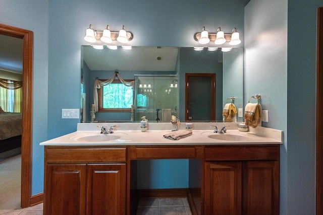 8884 Filiz Ln, Powell, OH 43065 - bathroom featuring a stall shower, ensuite bath, double vanity, and tile patterned floors