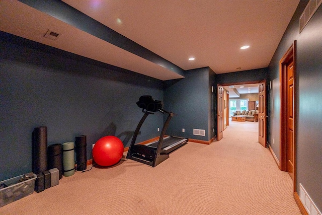 8884 Filiz Ln, Powell, OH 43065 - workout room with light colored carpet, recessed lighting, and baseboards