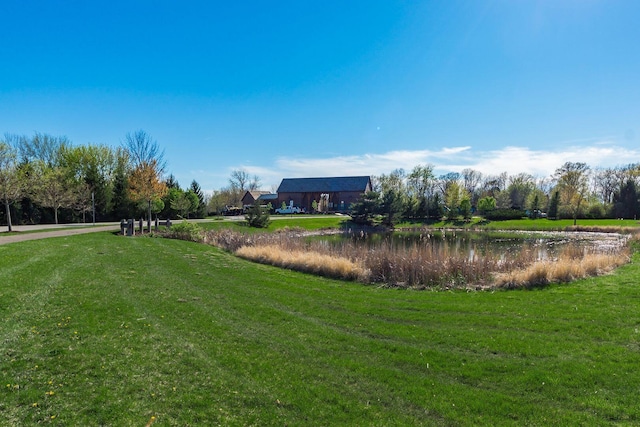 view of grassy yard featuring a water view