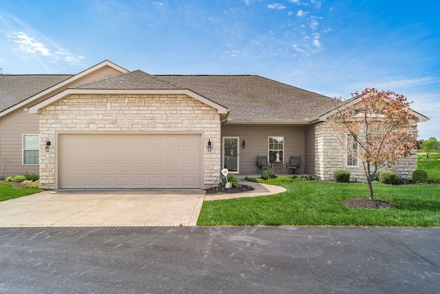 single story home featuring roof with shingles, an attached garage, driveway, and stone siding
