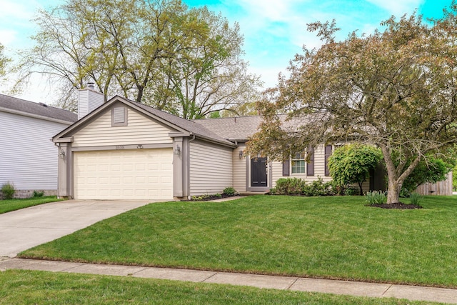 single story home featuring driveway, a chimney, a garage, a front lawn, and a shingled roof
