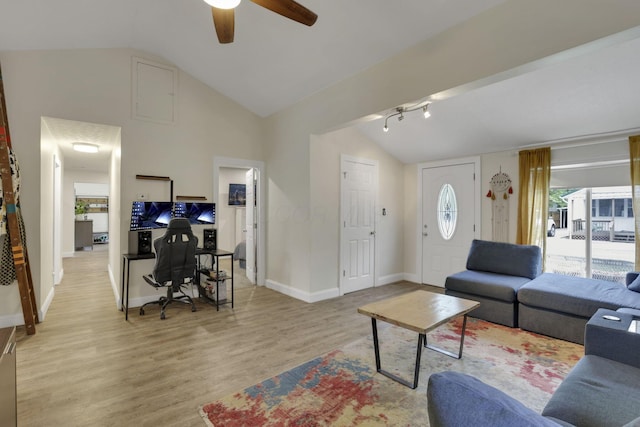 265 E St, Buckeye Lake, OH 43008 - living room with vaulted ceiling, ceiling fan, light wood finished floors, and baseboards