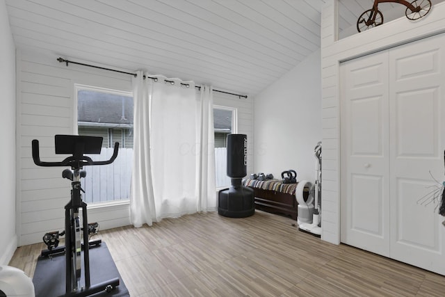 265 E St, Buckeye Lake, OH 43008 - workout room featuring healthy amount of natural light, wood finished floors, vaulted ceiling, and wood ceiling