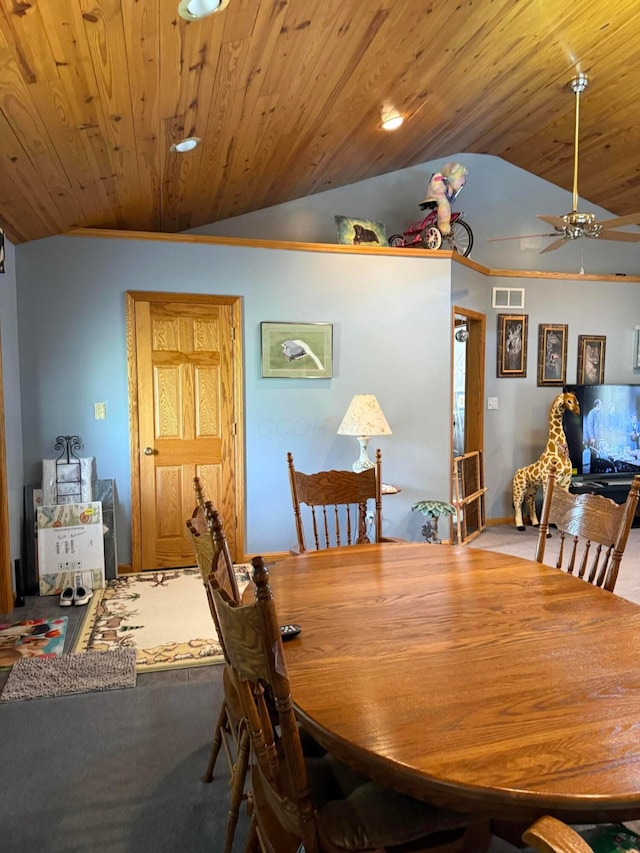 1305 Bald Hill Rd, Zanesville, OH 43701 - dining room featuring lofted ceiling, wood ceiling, carpet floors, and a ceiling fan