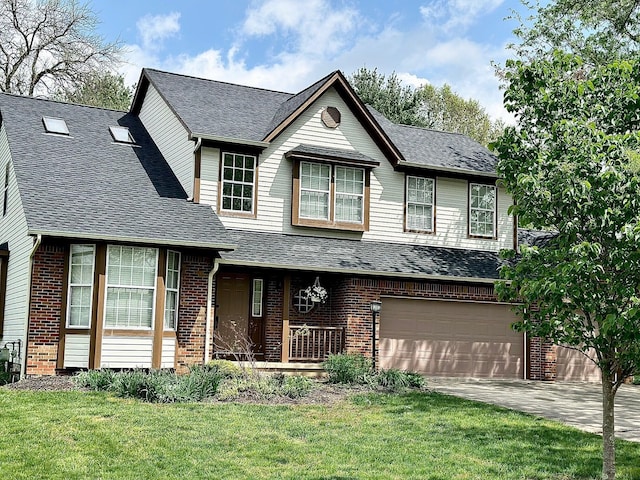 view of front of property featuring brick siding, a garage, roof with shingles, and driveway