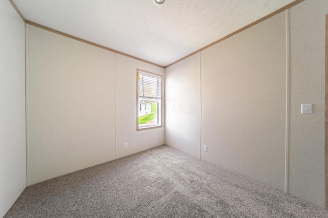 carpeted empty room with crown molding and vaulted ceiling