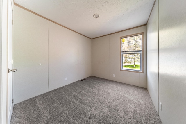 carpeted empty room featuring a textured ceiling and ornamental molding