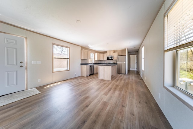 kitchen with dark countertops, appliances with stainless steel finishes, light wood-type flooring, light brown cabinets, and a wealth of natural light