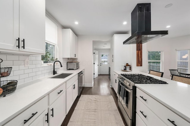 kitchen with a healthy amount of sunlight, decorative backsplash, island exhaust hood, a sink, and stainless steel appliances