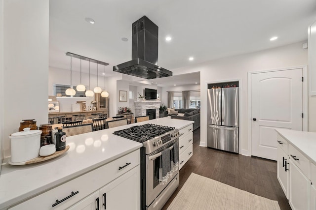kitchen featuring island exhaust hood, dark wood finished floors, light countertops, white cabinets, and stainless steel appliances