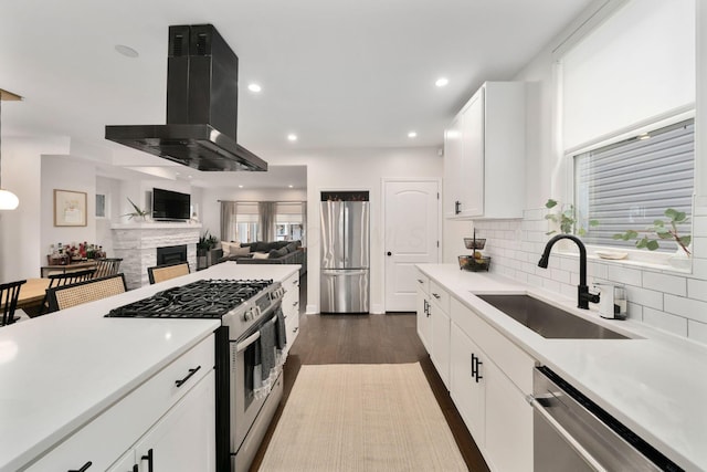 kitchen with backsplash, island exhaust hood, a sink, light countertops, and stainless steel appliances