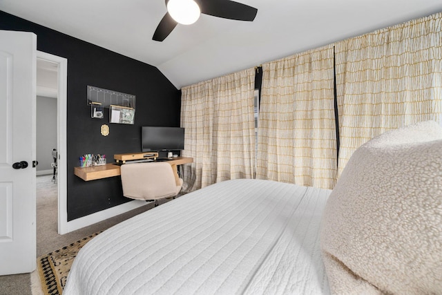 bedroom featuring carpet flooring, ceiling fan, and lofted ceiling