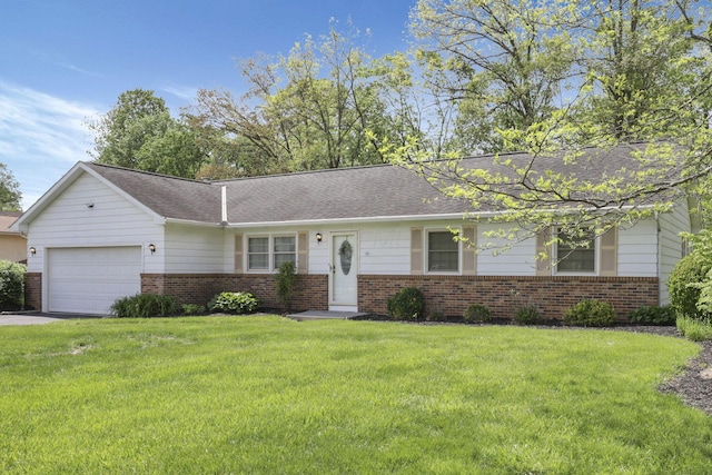ranch-style house with a garage, a front lawn, brick siding, and a shingled roof