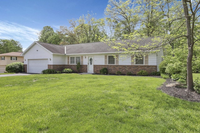 ranch-style house featuring aphalt driveway, a garage, a front lawn, and brick siding