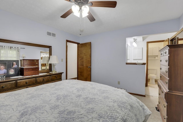 bedroom with visible vents, baseboards, ceiling fan, and light carpet