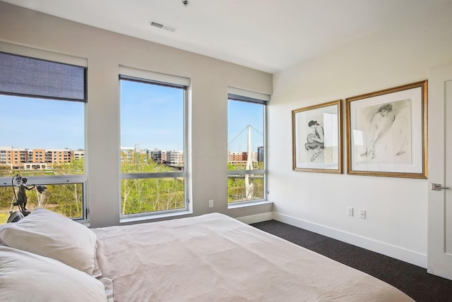 bedroom with baseboards, a view of city, and carpet floors