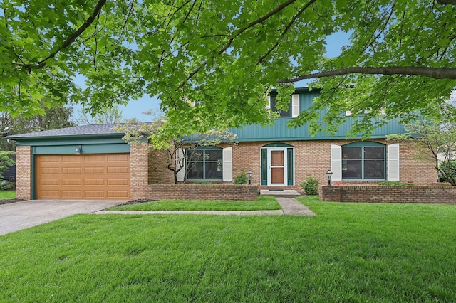 view of front facade with a front lawn, a garage, driveway, and brick siding