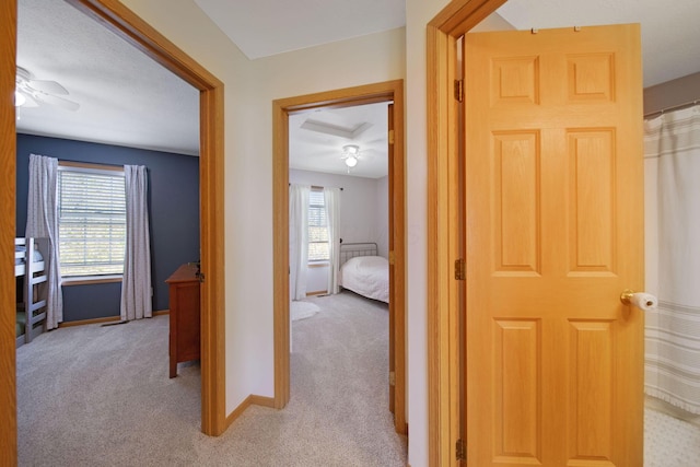 hall featuring carpet flooring and baseboards
