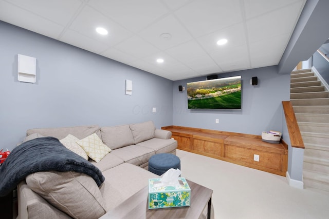 living room with carpet flooring, stairway, and recessed lighting