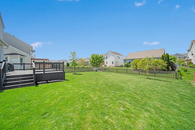 view of yard with a residential view, a deck, and a fenced backyard