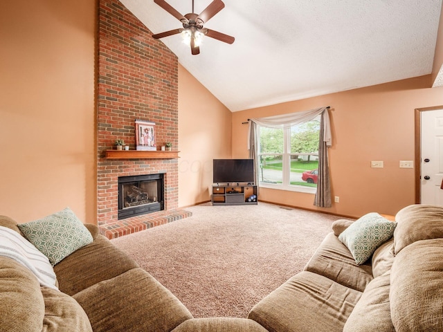 living room with a ceiling fan, baseboards, high vaulted ceiling, a fireplace, and carpet floors
