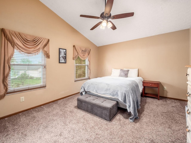 bedroom with lofted ceiling, baseboards, a ceiling fan, and carpet