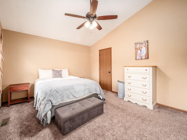 bedroom with carpet, visible vents, baseboards, ceiling fan, and lofted ceiling
