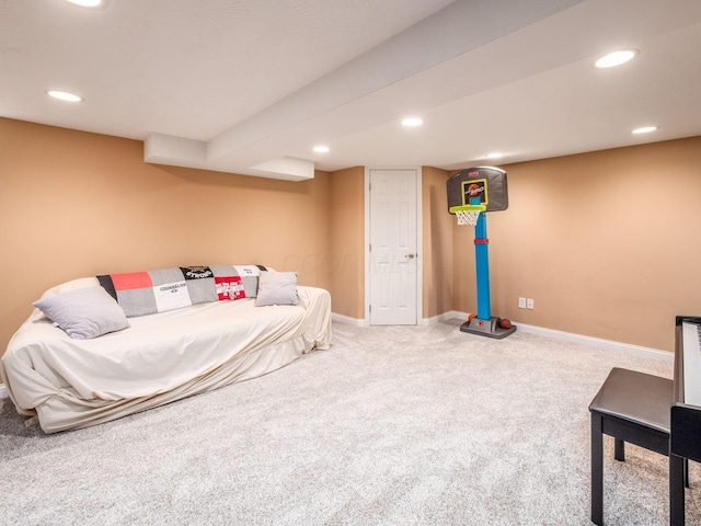 bedroom featuring carpet floors, baseboards, and recessed lighting
