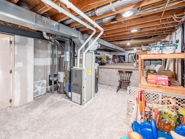 unfinished basement featuring water heater, heating unit, and carpet floors