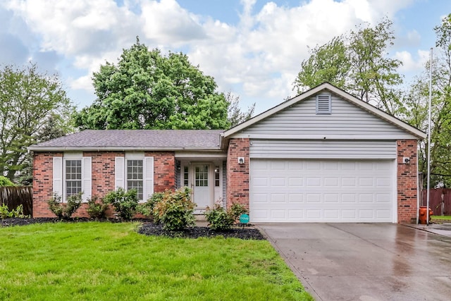 ranch-style house featuring brick siding, concrete driveway, a garage, and roof with shingles